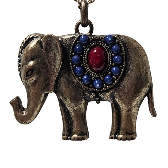 Antique Gold Elephant Pendant Necklace Red Blue Gemstone Accents Fashion Jewelry - Picture 3 of 7